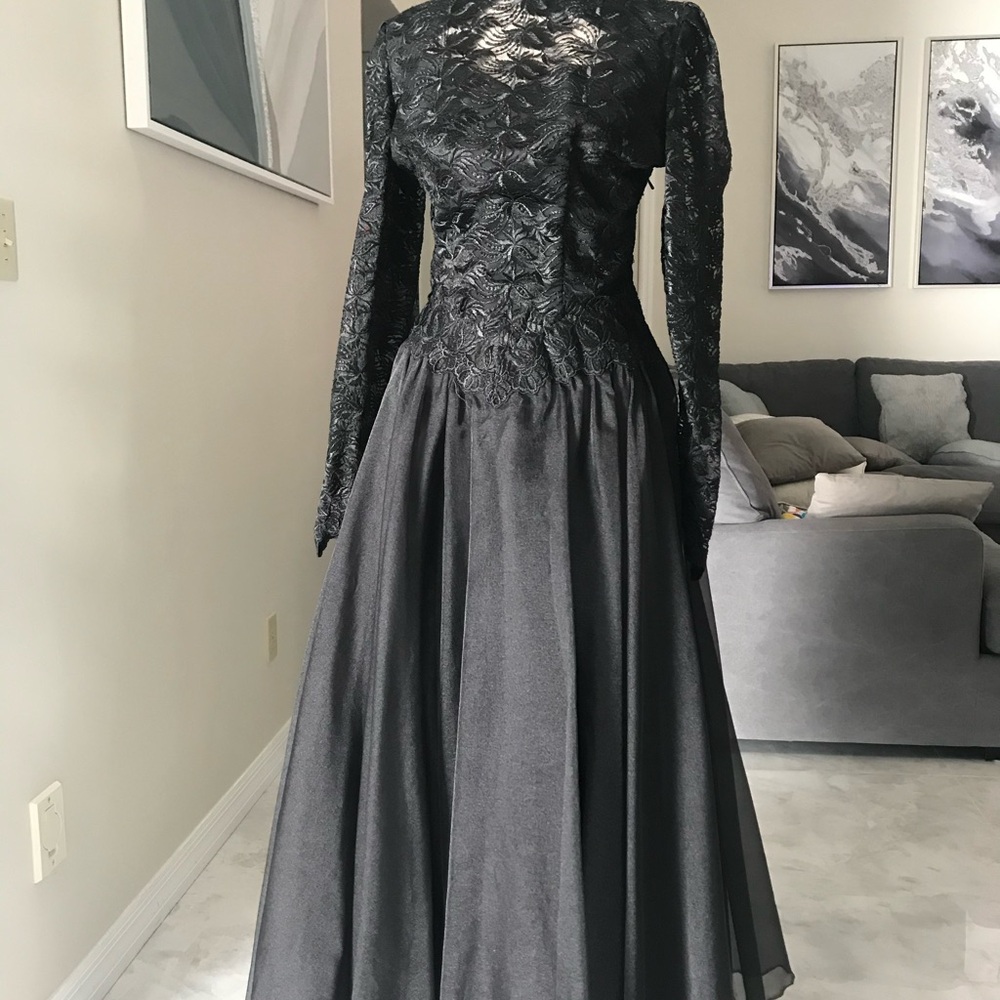 Couture Black Lace, Chiffon & Satin Maxi Gown by Tess Dutu-Collector's Piece